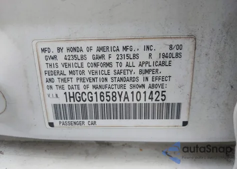 2000 Honda Accord 3.0 Ex z USA, uszkodzony, nr VIN 1HGCG1658YA101425
